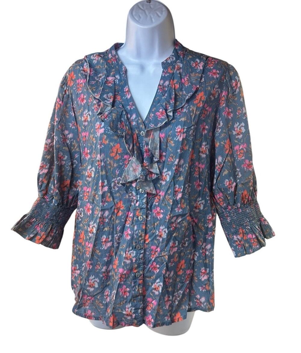Sundance Button Front Jeanie Ruffle Blue Floral Boho Top Cottagecore Size Small